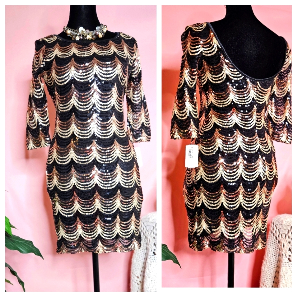 NWT mini beaded stretch dress featuring a deep V-back, in black, Gold